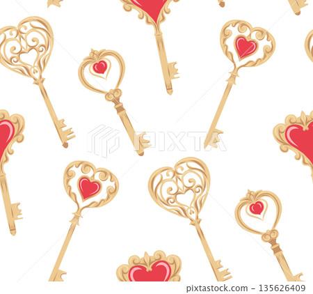 Vector seamless pattern with forged golden keys with hearts. Valentine Day texture with vintage metal keys 135626409