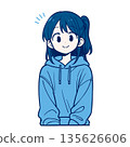Illustration of a woman wearing a hoodie with a smile and a startled expression (generated by AI) 135626606
