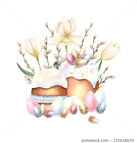 Happy Easter watercolor composition with icing cake, colorful eggs, spring tulips, willow branches in pastel color. Delicate flowers, Religious bakery, small, large eggs. Isolated illustration Happy Easter watercolor composition with icing cake, colorful eggs, spring tulips, willow branches in pastel color. Delicate flowers, Religious bakery, small, large eggs. Isolated illustration 135626629