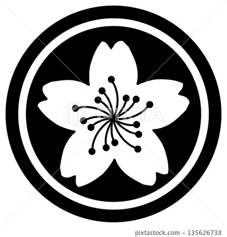 Illustration of a cherry blossom in a black circle Illustration of a cherry blossom in a black circle 135626738
