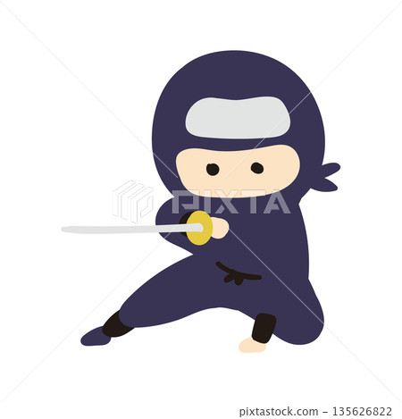 Illustration of a cute ninja kneeling and holding a sword 135626822