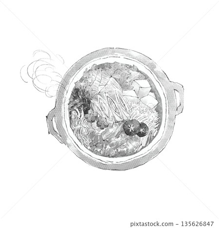 Monochrome illustration of a hotpot painted in watercolor Monochrome illustration of a hotpot painted in watercolor 135626847