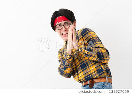 Young man wearing checked clothes 135627069