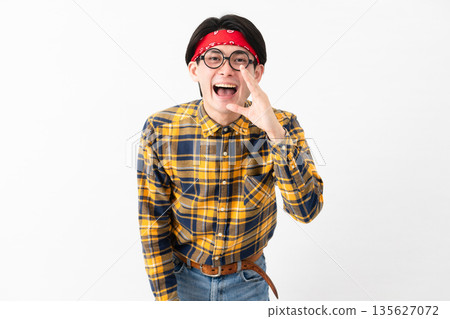 Young man wearing checked clothes Young man wearing checked clothes 135627072