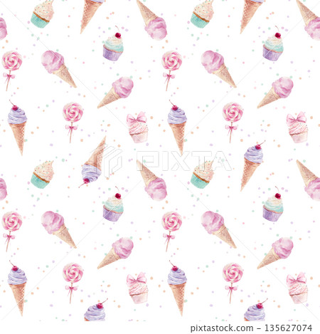 Summer seamless pattern with hand drawn watercolor ice cream, cupcakes and candy. Sweet pastel pink texture in modern playful style, perfect for fabric, textile prints, wallpaper, wrapping paper and 135627074