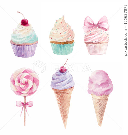 Watercolor sweets clipart set. Hand painted cupcakes, ice cream cones and lollipop in soft pastel colors. Cute dessert collection with gentle texture, perfect for kids and baby designs, nursery decor 135627075