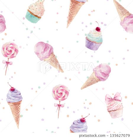Summer seamless pattern with hand drawn watercolor ice cream, cupcakes and candy. Sweet pastel pink texture in modern playful style, perfect for fabric, textile prints, wallpaper, wrapping paper and 135627079