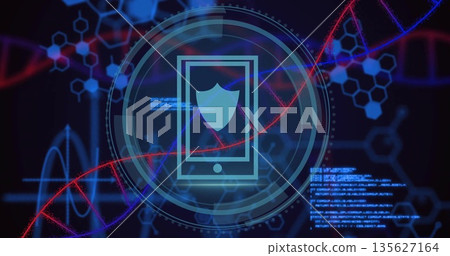 Displaying device outline with shield emblem, UI rings, DNA helix and code text in cyber interface 135627164