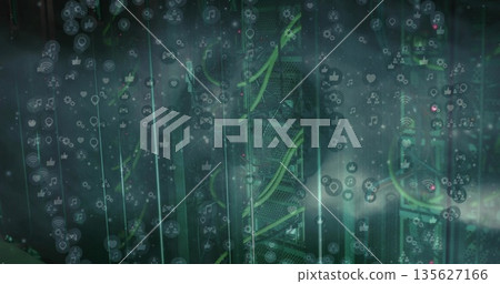 Illuminating server racks showcasing green cables and switches in data center, with digital icons Illuminating server racks showcasing green cables and switches in data center, with digital icons 135627166