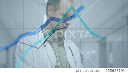 Reviewing digital trend lines Dr analyzing metrics in clinical room, with stethoscope lab coat Reviewing digital trend lines Dr analyzing metrics in clinical room, with stethoscope lab coat 135627191