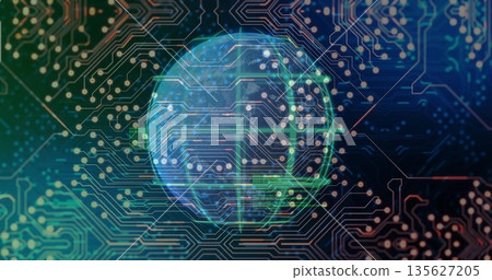Displaying semi-transparent digital globe rotating in virtual network with PCB traces and nodes 135627205