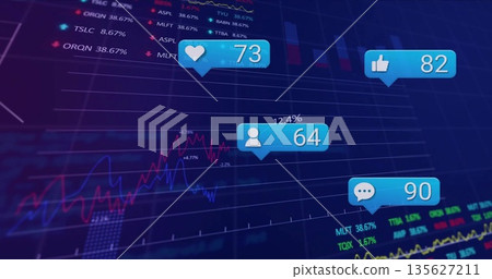 Displaying financial chart on analytics screen, with line graphs, percent labels and social icons 135627211