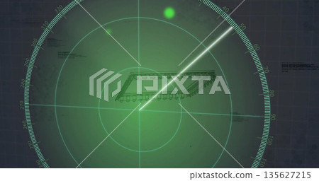 Displaying central microchip outline on radar display, with sweeping beam rotating and green blips 135627215