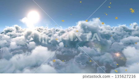 Drifting fluffy cumulus clouds covering high-altitude sky, with bright sun and golden star shapes 135627216