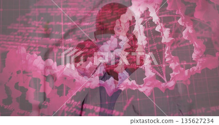 Senior scientist in lab coat studying holographic DNA helix in genetics lab, with floating data Senior scientist in lab coat studying holographic DNA helix in genetics lab, with floating data 135627234