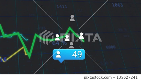 Displaying blue notification bubble marking 49 users on analytics dashboard, with green line graph Displaying blue notification bubble marking 49 users on analytics dashboard, with green line graph 135627241