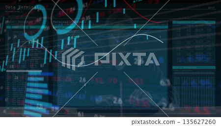 Typing hooded man focusing on keyboard and monitors displaying code and stock charts in dark office Typing hooded man focusing on keyboard and monitors displaying code and stock charts in dark office 135627260