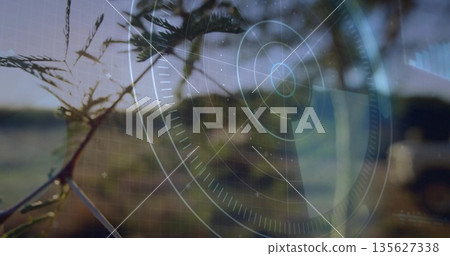 Displaying slender tree branch carrying leaves over rural field, with HUD overlay and grid lines Displaying slender tree branch carrying leaves over rural field, with HUD overlay and grid lines 135627338