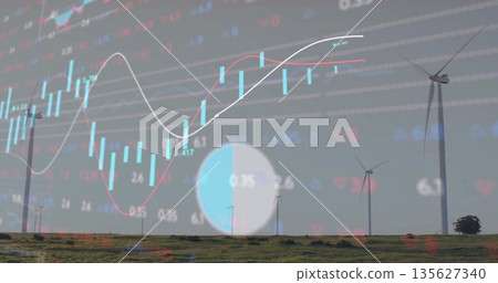 Featuring wind turbine rising on wind farm, with candlestick bars and line graphs, copy space 135627340