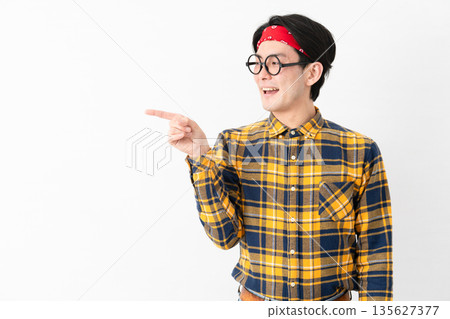 Young man wearing checked clothes Young man wearing checked clothes 135627377