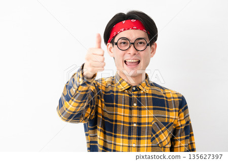 Young man wearing checked clothes Young man wearing checked clothes 135627397