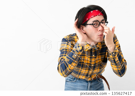 Young man wearing checked clothes Young man wearing checked clothes 135627417