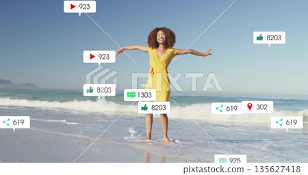 Standing woman wearing yellow dress holding arms outstretched on shoreline, with social media icons 135627418
