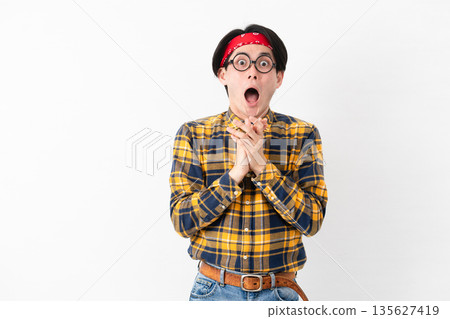 Young man wearing checked clothes Young man wearing checked clothes 135627419