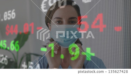 Adjusting surgical mask female medic in blue scrubs in clinic, with potted plant and ticker overlay Adjusting surgical mask female medic in blue scrubs in clinic, with potted plant and ticker overlay 135627428