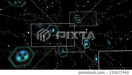Mapping white network nodes and lines in data space, with translucent frames and teal icons Mapping white network nodes and lines in data space, with translucent frames and teal icons 135627440