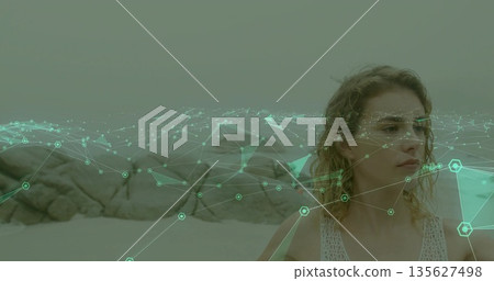 Standing woman surveying sandy shore near rocky outcrops, with green network overlay, copy space Standing woman surveying sandy shore near rocky outcrops, with green network overlay, copy space 135627498