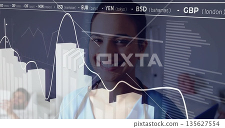 Indian female doctor analyzing financial charts in office, with stethoscope and computer monitor 135627554