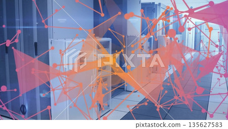Showing central row of server racks in data center corridor, with network overlay on raised tiles Showing central row of server racks in data center corridor, with network overlay on raised tiles 135627583