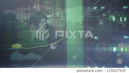 Analyzing network data while Korean analyst typing on laptop amid server racks with green overlays 135627595
