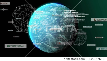 Floating Earth globe projecting white network lines in space, with orbiting nodes and UI elements 135627610