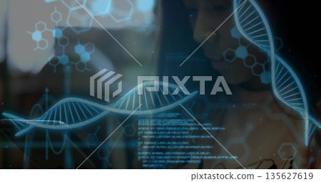 Leaning scientist analyzing holographic DNA helix at research lab with code and molecular diagrams 135627619