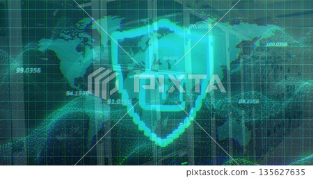 Turquoise shield symbol embedding U overlaying map in control hub, displaying data points Turquoise shield symbol embedding U overlaying map in control hub, displaying data points 135627635