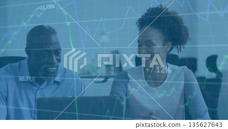 Two colleagues in business attire reviewing financial data on laptop at office desk, chart overlay Two colleagues in business attire reviewing financial data on laptop at office desk, chart overlay 135627643