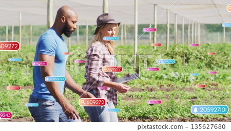 Two researchers walking through farm field, examining rows with laptop under shade net canopy 135627680