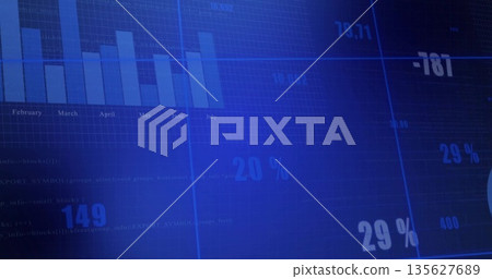 Blue dashboard displaying monthly data in office with bar chart and numeric overlays, copy space 135627689