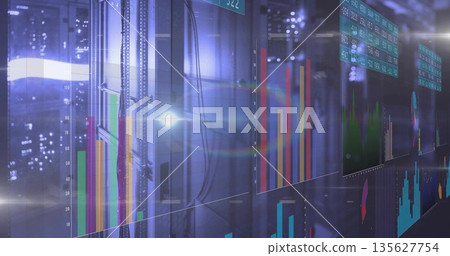 Projecting holographic bar,pie,line graph and table overlays on server rack in data center corridor Projecting holographic bar,pie,line graph and table overlays on server rack in data center corridor 135627754