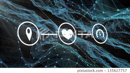 Three white icons floating in data network, with lines, location pin, heartbeat, speedometer icons 135627757