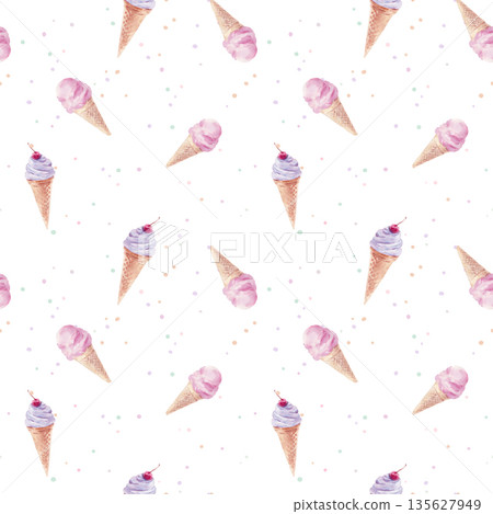Summer seamless watercolor pattern with hand drawn ice cream cones. Sweet pastel texture with light polka dots in a modern playful style, perfect for fabric, textile prints, wallpaper, wrapping paper Summer seamless watercolor pattern with hand drawn ice cream cones. Sweet pastel texture with light polka dots in a modern playful style, perfect for fabric, textile prints, wallpaper, wrapping paper 135627949