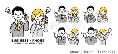 一組簡單的向量插圖，描繪了手持手機的男女上班族各種面部表情和姿勢。 135627955
