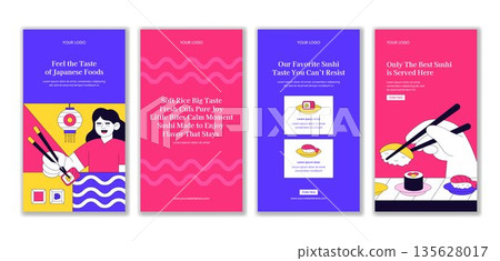Flat Hand Drawn Japanese Sushi Foods Cartoon Design for Social Media Stories Illustration Flat Hand Drawn Japanese Sushi Foods Cartoon Design for Social Media Stories Illustration 135628017