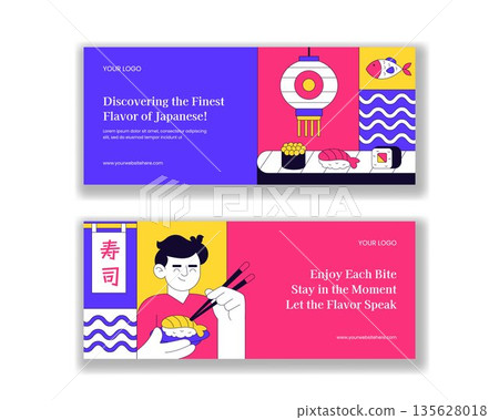 Horizontal Banner with Japanese Sushi Food Flat Cartoon Hand Drawn Illustration Background Horizontal Banner with Japanese Sushi Food Flat Cartoon Hand Drawn Illustration Background 135628018