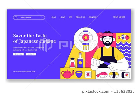 Japanese Sushi Foods Flat Cartoon Illustration for Social Media Landing Page Background 135628023