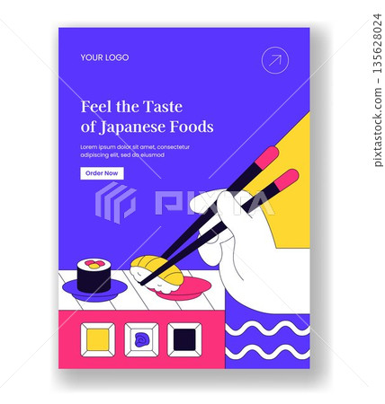 Vertical Poster Featuring Japanese Sushi Foods Flat Cartoon Hand Drawn Illustration 135628024