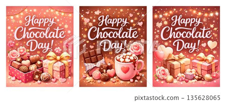 Happy chocolate day, three festive cards, colorful bright set, cozy warm collection, traced vector cliparts 135628065