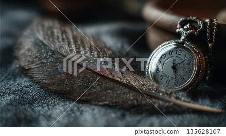 Elegant pocket watch resting beside a delicate feather on soft, dark fabric 135628107